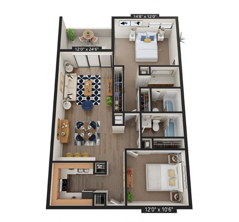 Floor plan for 2 beds, 2 baths, 1050 sqft